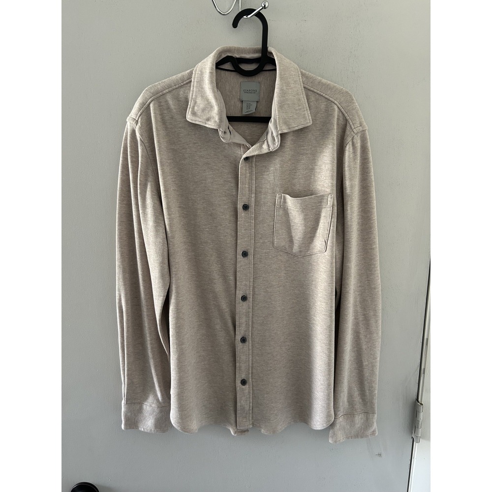 Giasone Jersey Knit Soft Dress Shirt Beige Button Up Luxury Long Sleeve Mens Med